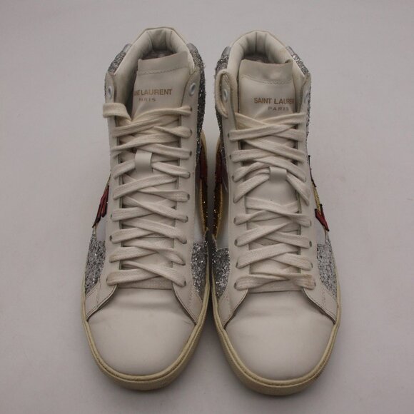 Saint Laurent Paris Love Women's EU 39 Mid Top Sneakers White Leather Glitter - Picture 2 of 13